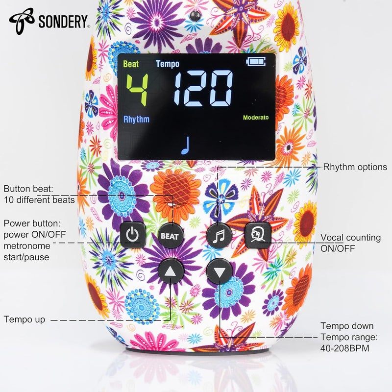 Sondery ميترونوم رقمي قابل لإعادة الشحن بصوت كبير مع شاشة ملونة ومخرج سماعة USB، تصميمات أنماط ملونة من سلسلة فن بوليتوم للغيتار والدرامز والبيانو وجميع الآلات الموسيقية كمدرب لعب - Image 2